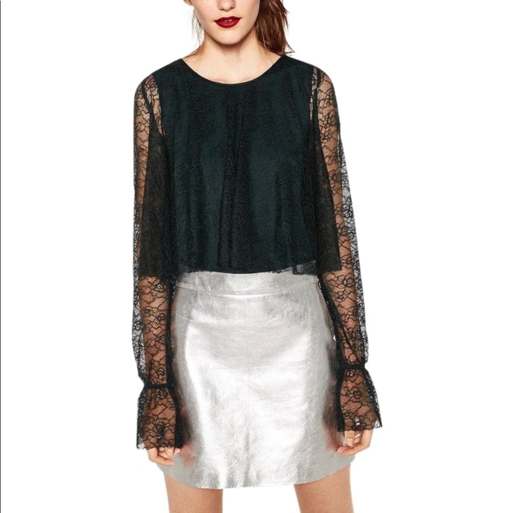 ZARA | Bottle Green Lace Flounce Long Sleeve Top